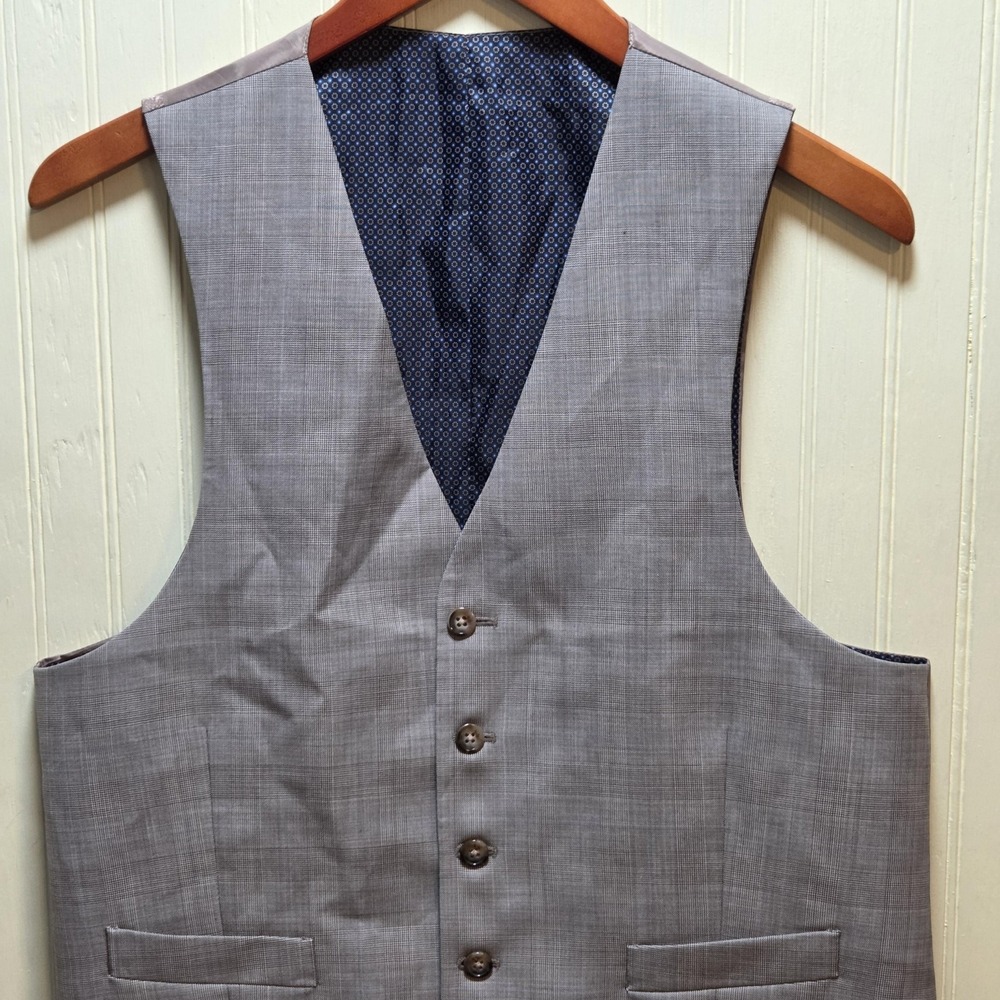 Dress Vest Mens 40 Gray Check‎ Formal Suit 5 Button Front Belted Back Lined